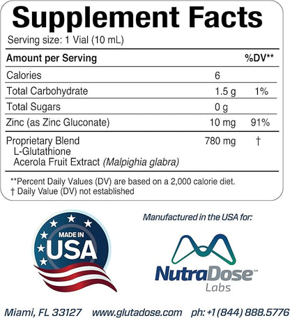 GlutaDose Liquid Glutathione Supplement, Every Day Immune Support Supplements for Adults, Cellular Detox, Antioxidant - Acerola Energy Booster w/Zinc, L-Glutathione Supplement in Liquid Vials - 60PK