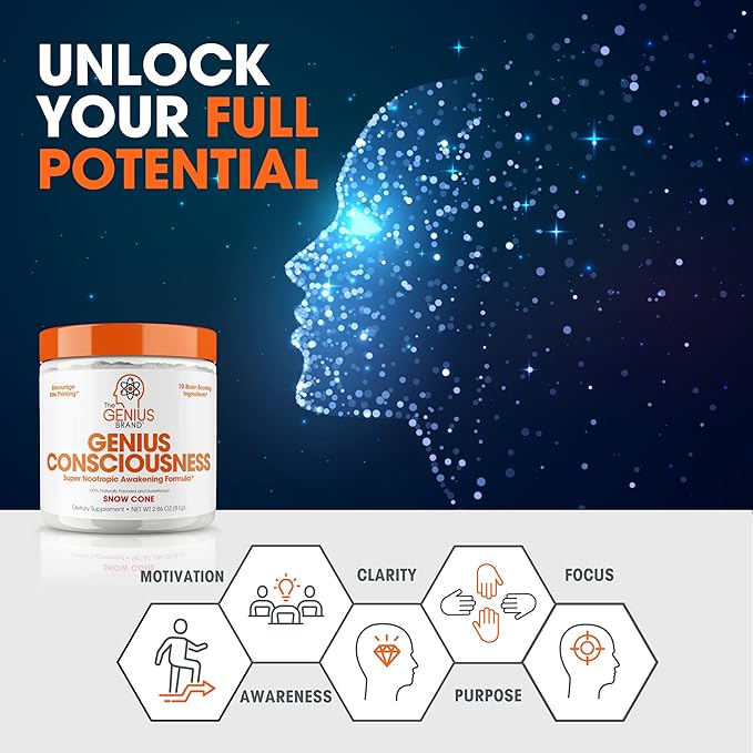 Genius Consciousness - Premium Nootropic Powder for Focus, Memory & Mental Clarity - AlphaSize, NeuroFactor, Lion’s Mane & Dynamine - Natural Brain Booster for Studying, Work & Creativity – Snow Cone