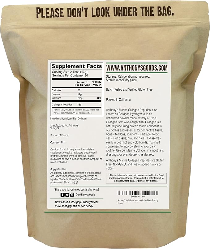 Anthony's Hydrolyzed Marine Collagen Peptides, Gluten-Free, Paleo and Keto Friendly, Unflavored, 1-Pound