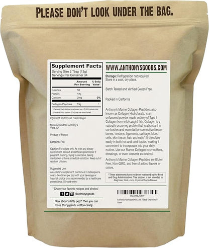 Anthony's Hydrolyzed Marine Collagen Peptides, Gluten-Free, Paleo and Keto Friendly, Unflavored, 1-Pound