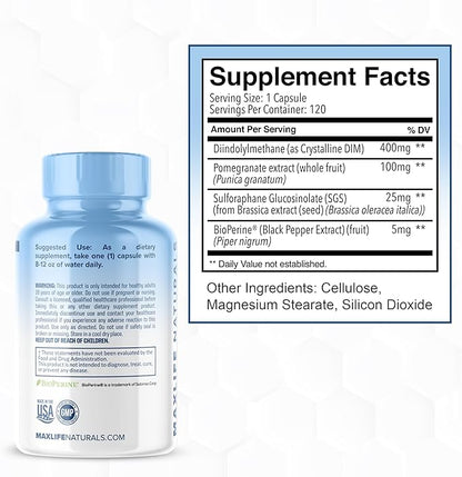DIM SGS + with Detox Support – DIM Supplement Menopause Support for Women - Dim with Sulforaphane Glucosinolate SGS – Enhanced Absorption with Bioperine – 120 Capsules, 2-Month Supply