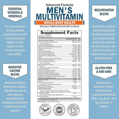 Men's Multivitamin with Vitamin C A B D3 E Zinc for Immune Support - Once Daily Supplement for Energy & Heart - Antioxidants & Digestive Enzymes for Absorption - Mental Clarity & Focus Support -60 Ct