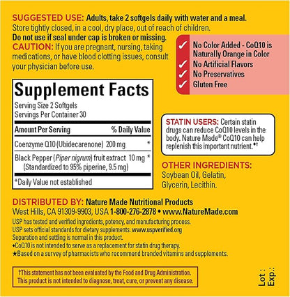 Nature Made CoQ10 200mg per Serving with Black Pepper Extract for Enhanced Nutrient Absorption, Heart Health Support, 60 Softgels, 30 Day Supply