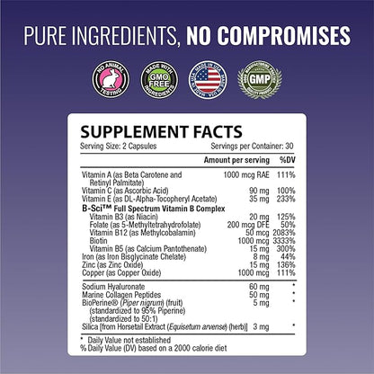 Approved Science Hair, Skin and Nails - Support Supplement - Biotin, Collagen, Vitamin B Complex, Silica, BioPerine - 360 Capsules - 6 Month Supply