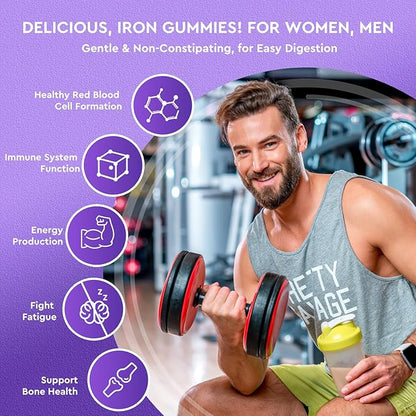 Iron Gummies - with Calcium, Zinc, Folate & Vitamin B12, C, B6 for Adults & Kids - Blood Builder & Energy Support for Iron Deficiency, Anemia, Vegan - Grape Flavour,60 Gummies