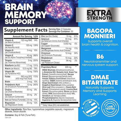 Brain Supplements for Memory and Focus - 40 Nootropics & Vitamins to Support for Alertness, Clarity & Concentration, Brain Health, B6, B12, Phosphatidylserine - 60 Capsules