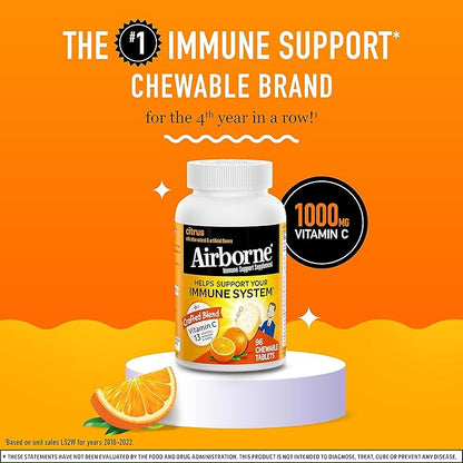Airborne Vitamin C 1000mg (per Serving) - Citrus Chewable Tablets (96 Count in a Box), Gluten-Free Immune Support Supplement with Vitamins A C E, Zinc, Selenium, Echinacea, Ginger, Antioxidants