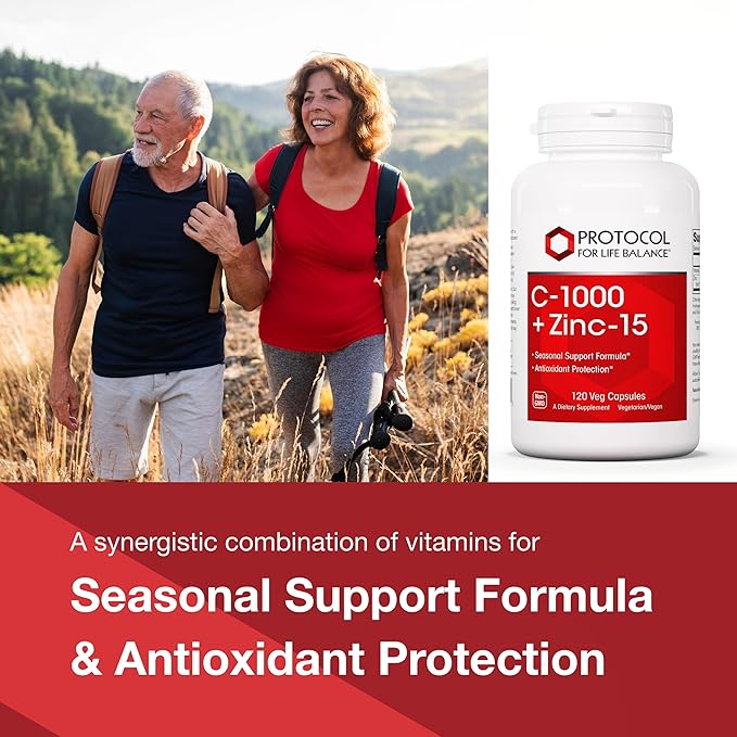 PROTOCOL FOR LIFE BALANCE C-1000 + Zinc-15 - Vitamin C & Zinc Bisglycinate - Immune Support Supplement - Antioxidants Supplement - with Ascorbic Acid - 120 Veg Capsules
