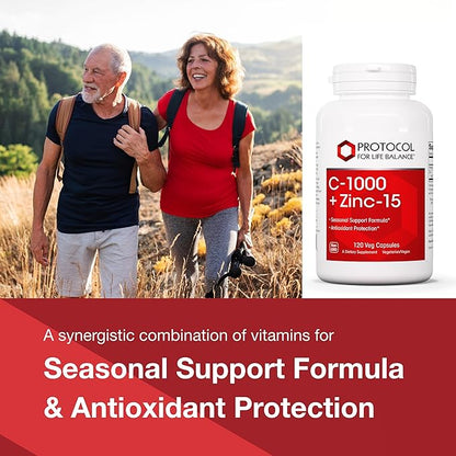 PROTOCOL FOR LIFE BALANCE C-1000 + Zinc-15 - Vitamin C & Zinc Bisglycinate - Immune Support Supplement - Antioxidants Supplement - with Ascorbic Acid - 120 Veg Capsules