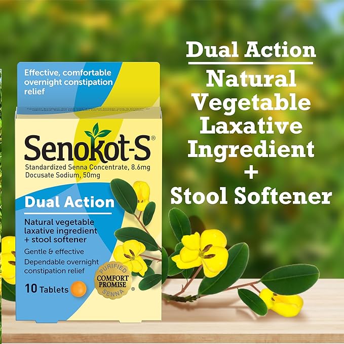 Senokot-S Dual Action Natural Vegetable Laxative Ingredient Plus Stool Softener Tablets, Docusate Sodium, Senna Concentrate, Gentle, Overnight Relief From Occasional Constipation, 10 ct