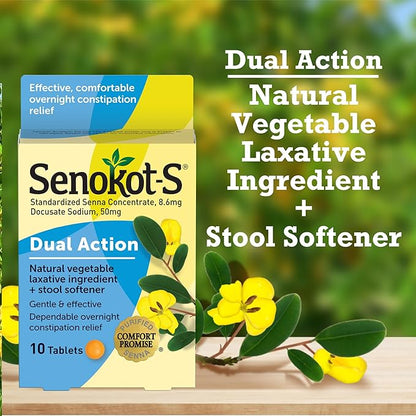 Senokot-S Dual Action Natural Vegetable Laxative Ingredient Plus Stool Softener Tablets, Docusate Sodium, Senna Concentrate, Gentle, Overnight Relief From Occasional Constipation, 10 ct