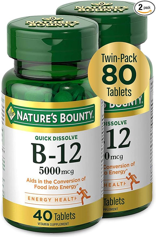 Vitamin B12 by Nature's Bounty, Quick Dissolve Vitamin Supplement, Supports Energy Metabolism and Nervous System Health, 5000mcg, 40 Tablets (Pack of 2)