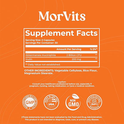 Akkermansia Probiotic | GLP-1 Supplement for Gut Health, Akkermansia Muciniphila, 2 Billion CFU Live Strain for Men & Women (60 Capsules, 1-Pack) - Inulin Prebiotic Fiber, Increases GLP1 Production