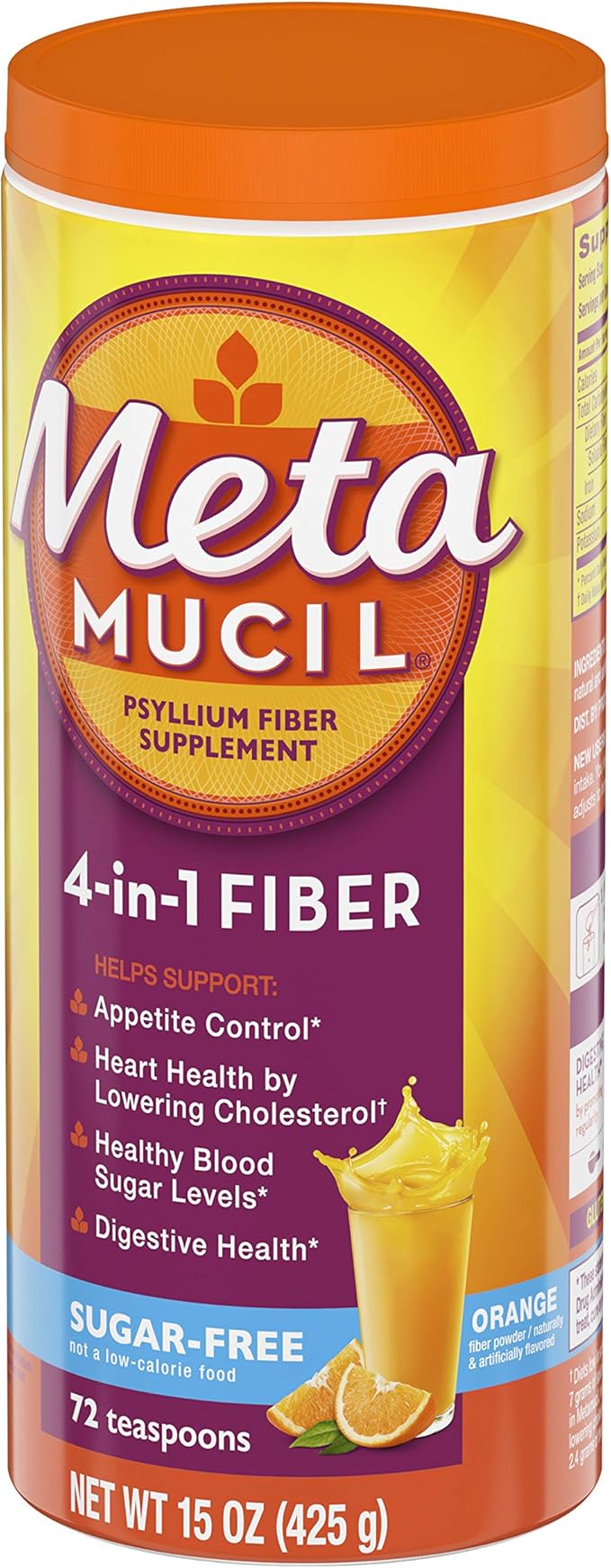 Metamucil Fiber, 4-in-1 Orange SugarFree Powder 72 (Pack of 2)