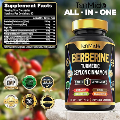 Berberine Supplement - 7in1 Formula - Combine with Turmeric, Royal Jelly, Ceylon Cinnamon, Ginkgo Biloba, Ginger & Black Pepper - Digestive Health, Immune Support - 120 Capsules