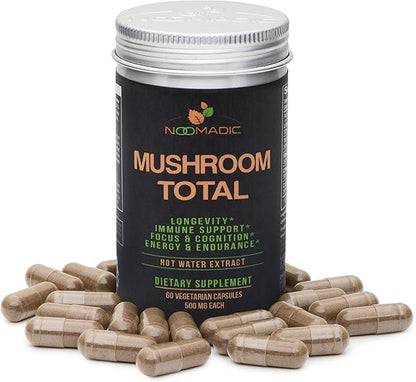 Mushroom Total, 60 Capsules, 500mg, 30% Beta Glucans, Adaptogenic Mushroom Complex of Lions Mane, Turkey Tail, Chaga, Reishi, Cordyceps, Hot Water Extract, Fruiting Bodies.
