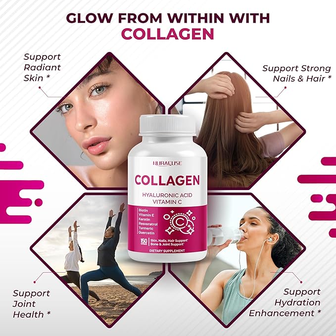 Collagen Peptides 15-in-1 Supplement with Vitamin C Vitamin E Keratin Hyaluronic Acid Omega 3 Resveratrol Turmeric Quercetin - Made in The USA