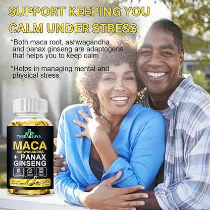 3 in 1 Ashwagandha + Maca Root + Panax Ginseng - Natural Supplement for Energy, Stamina, and Stress Support, 120 Softgels
