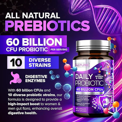 Built by Nature Probiotic for Women & Men – 60 Billion CFU, 10 Strains + Prebiotics & Digestive Enzymes – Supports Digestive, Immune, Reduce Gas & Bloating – Shelf Stable, Non-GMO - 60 Capsules