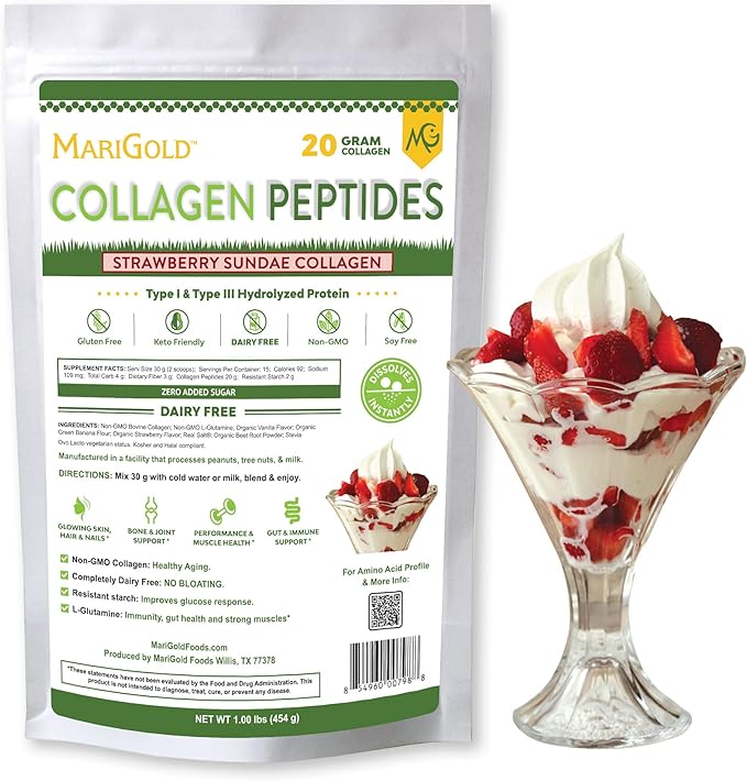 MariGold Grass-fed Collagen Peptides Powder Strawberry Sundae 1LB - 100% Pure, Type I & III Bovine Hydrolyzed Collagen, Non-GMO, Hormone Free, Soy Free, Gluten Free, Dairy Free, Keto-Friendly