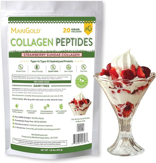 MariGold Grass-fed Collagen Peptides Powder Strawberry Sundae 1LB - 100% Pure, Type I & III Bovine Hydrolyzed Collagen, Non-GMO, Hormone Free, Soy Free, Gluten Free, Dairy Free, Keto-Friendly