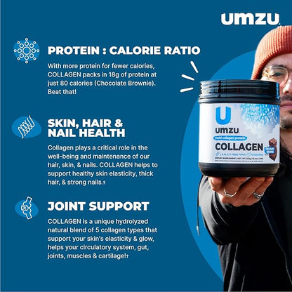 UMZU ZuCollagen Hydrolyzed Protein Powder | 5 Collagen Peptide Types for Healthy Hair, Skin, Nails, Joints & Gut | Low Calorie, High Protein (20g Protein per Serving | Chocolate)