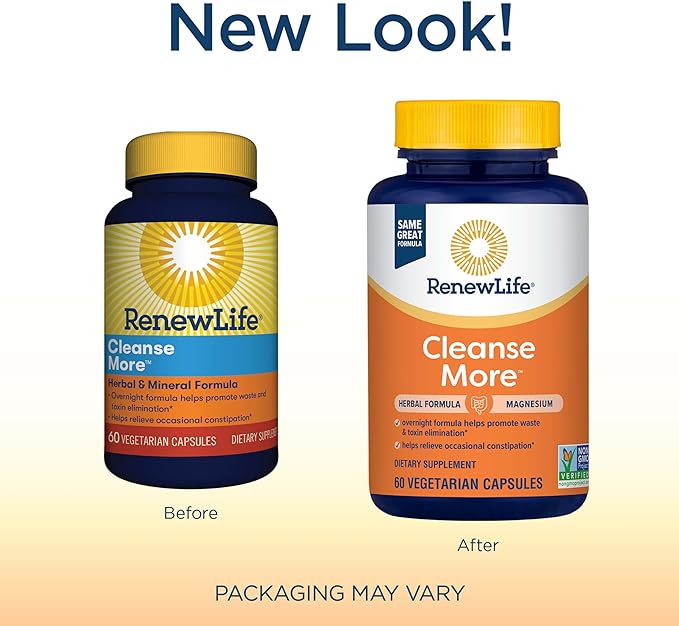 Renew Life Cleanse More Herbal Formula with Magnesium for Overnight Occasional Constipation Relief; Helps Promote Waste and Toxin Elimination; Gluten, Dairy and Soy Free; 60 Vegetarian Capsules*