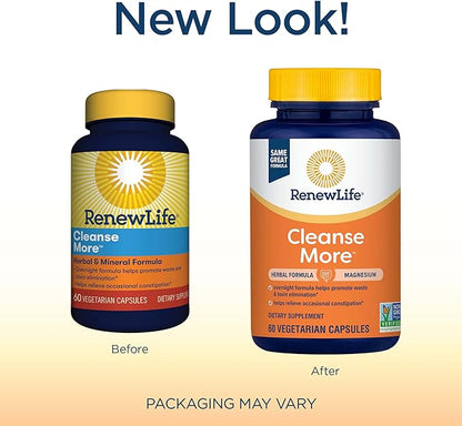 Renew Life Cleanse More Herbal Formula with Magnesium for Overnight Occasional Constipation Relief; Helps Promote Waste and Toxin Elimination; Gluten, Dairy and Soy Free; 60 Vegetarian Capsules*