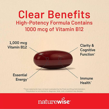 NatureWise Vitamin B12 1000 mcg - Dietary Supplement for Supporting Energy Metabolism, Mental Clarity, Nervous System Health - Easy-to-Swallow, Soy & Gluten-Free, Non-GMO - 360 Count[1-Year Supply]