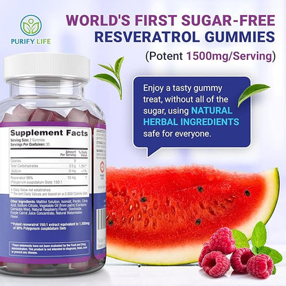 Purify Life Sugar-Free Resveratrol Gummies - Potent 1500mg Resveratrol Supplement to Support Digestive & Immune Health - Supplement for Antioxidant Support, Cell Regenerator & Repair