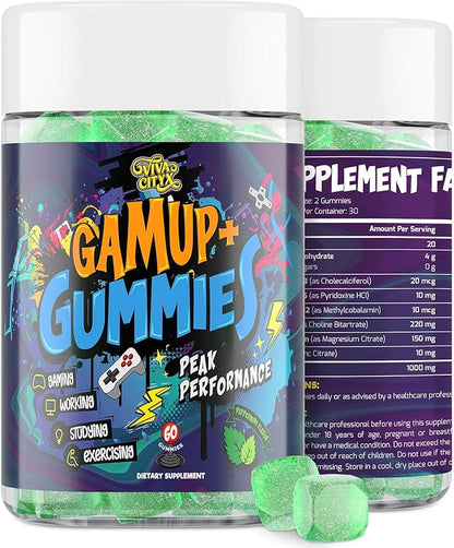 Energy and Focus Gummies - Natural Caffeine Nootropics Supplement - Brain, Eye, and Bone Complex - Sugar-Free Peppermint - for Gamers, Workers, and Active Lifestyles - 60 Gummies
