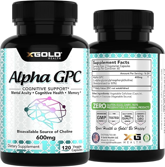 Alpha GPC Choline Supplement 600mg, 99%+ Highly Purified, Highly Bioavailable Source of Choline,120 Veggie Capsules, Cognitive Enhancer Nootropic, Supports Memory & Brain Function, Boosts Focus & Mood