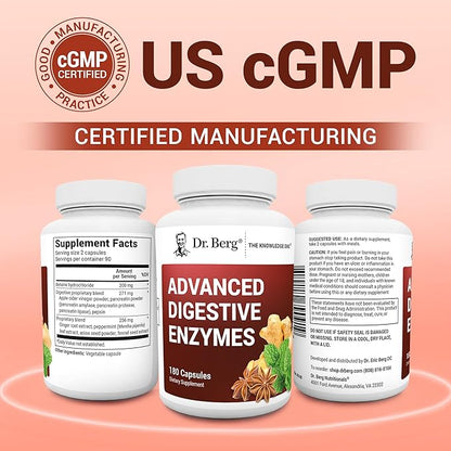 Dr. Berg Advanced Digestive Enzymes with Apple Cider Vinegar - Includes Digestive Health Ingredients Like Betaine Hydrochloride (HCI), Ginger Root & Peppermint Leaf - 180 Capsules