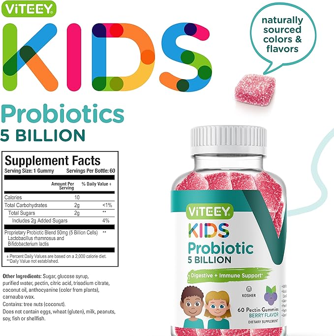Probiotic Gummies for Kids - 5 Billion CFUs - Probiotics Kids Constipation Relief, Natural Immune & Digestive Health Support - Vegetarian, Gelatin Free, GMO Free - Tasty Chewable Berry Flavored Gummy