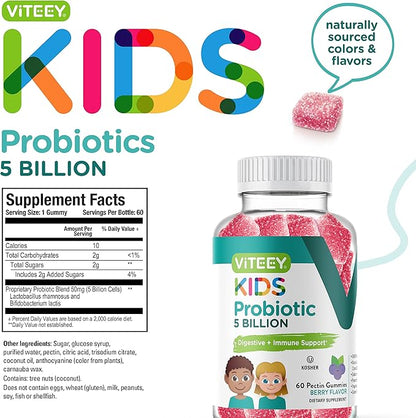 Probiotic Gummies for Kids - 5 Billion CFUs - Probiotics Kids Constipation Relief, Natural Immune & Digestive Health Support - Vegetarian, Gelatin Free, GMO Free - Tasty Chewable Berry Flavored Gummy
