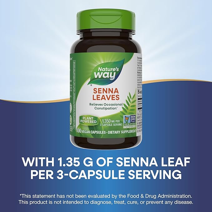 Nature's Way Senna Leaves, Relieves Occasional Constipation*, 1,350 mg per 3-Capsule Serving, Non-GMO Project Verified, 100 Capsules (Packaging May Vary)
