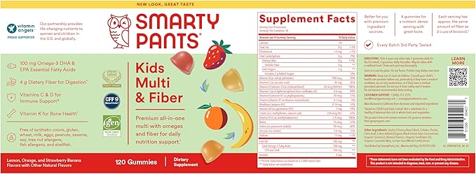SmartyPants Kids Multivitamin Gummies and Fiber Supplement: Vitamin D3, C, Vitamin B12, B6, A, Zinc, Biotin, Inositol, Fiber Gummies, Three Fruit Flavors, 120 Count (30 Day Supply)