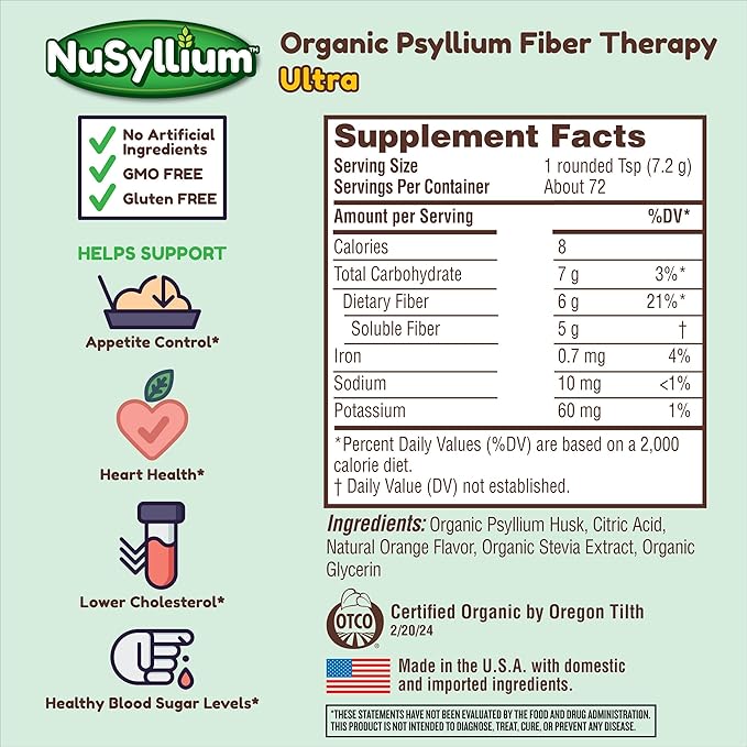 Ultra Psyllium Husk Powder, USDA Organic, 10.7 Oz, Sugar Free Keto-Friendly Fiber Supplement, Promotes Digestive Health* Orange, 42 Servings