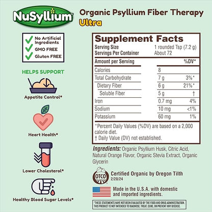Ultra Psyllium Husk Powder, USDA Organic, 10.7 Oz, Sugar Free Keto-Friendly Fiber Supplement, Promotes Digestive Health* Orange, 42 Servings