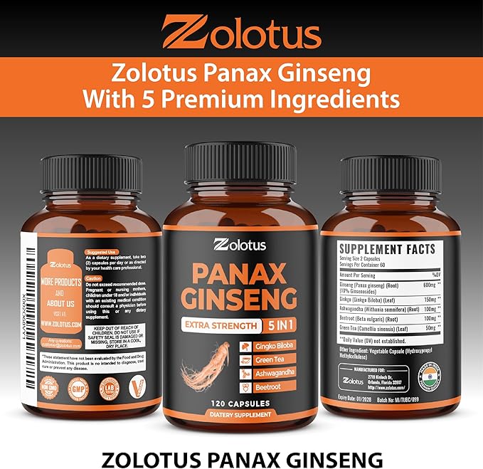 Zolotus Korean Red Panax Ginseng + Ginkgo Biloba, Ashwagandha, Beetroot, Green Tea - 120 Capsules (Pack of 2)