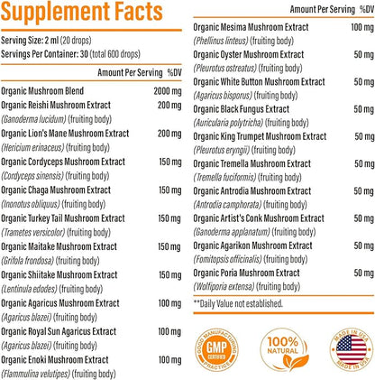 Liposomal Mushroom Complex Drops 2000 MG - 20 Organic Mushroom Extracts - Advanced Liquid Formula for Immunity, Cognitive and Memory - Lions Mane Supplement, Reishi, Cordyceps, Chaga, 300 Servings