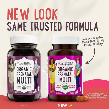 Mama Natural Organic Prenatal Vitamins for Women Vegan (30 Servings) | One A Day Prenatal Vitamins for Pregnant Women | Food Based, Non-GMO & Gluten-Free - Pre Natal Multivitamin with Folate
