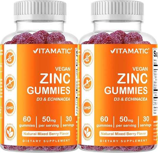 Vitamatic Zinc 50mg Gummies – 60 Vegan Gummies – Gluten-Free – 2 Pack (120 Gummies Total)