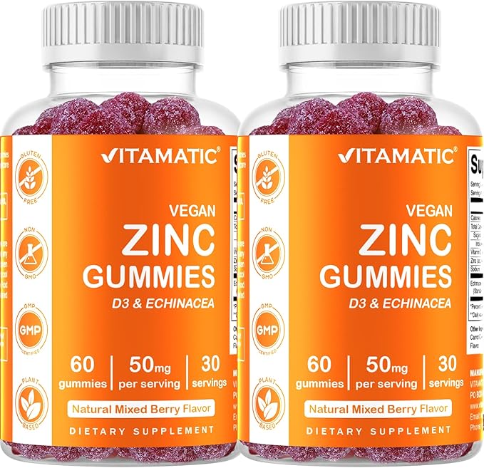 Vitamatic Zinc 50mg Gummies – 60 Vegan Gummies – Gluten-Free – 2 Pack (120 Gummies Total)