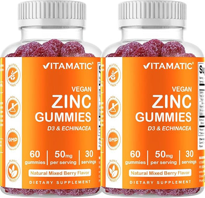 Vitamatic Zinc 50mg Gummies – 60 Vegan Gummies – Gluten-Free – 2 Pack (120 Gummies Total)