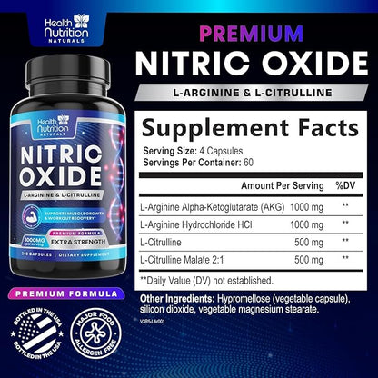 Extra Strength Nitric Oxide Supplement 3X Strength L Arginine, Citrulline Malate, AAKG, Beta Alanine - Premium Muscle Supporting Nitric Booster - Natural Energy & Heart Health Support - 240 Capsules