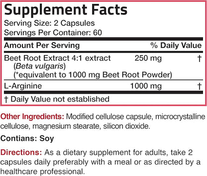 Bronson Beet Root + L-Arginine Nitric Oxide Production- Non-GMO, 120 Vegetarian Capsules