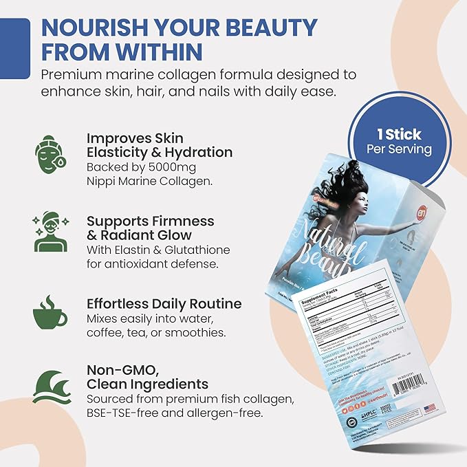 Marine Collagen Peptides Powder Supplement for Skin, Hair & Nails – Enhances Skin Elasticity & Hydration – Hydrolyzed Collagen – 5000mg per Serving – Non-GMO – Unflavored (30 Sticks Pack)