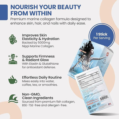 Marine Collagen Peptides Powder Supplement for Skin, Hair & Nails – Enhances Skin Elasticity & Hydration – Hydrolyzed Collagen – 5000mg per Serving – Non-GMO – Unflavored (30 Sticks Pack)