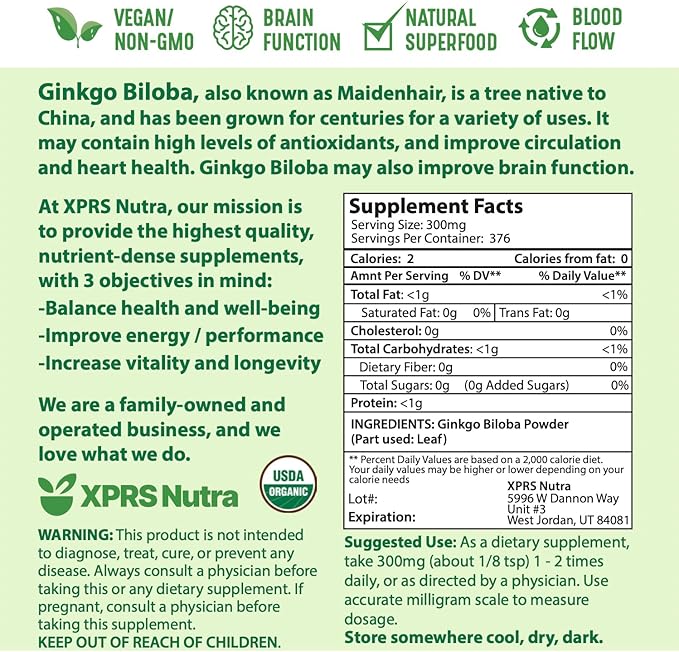 XPRS Nutra Organic Ginkgo Biloba Powder - Gingko Biloba Supplements for Cognition - Vegan Friendly Ginkoba Biloba Organic - Immunity Boosting Ginkgo Biloba Powder (4 oz)